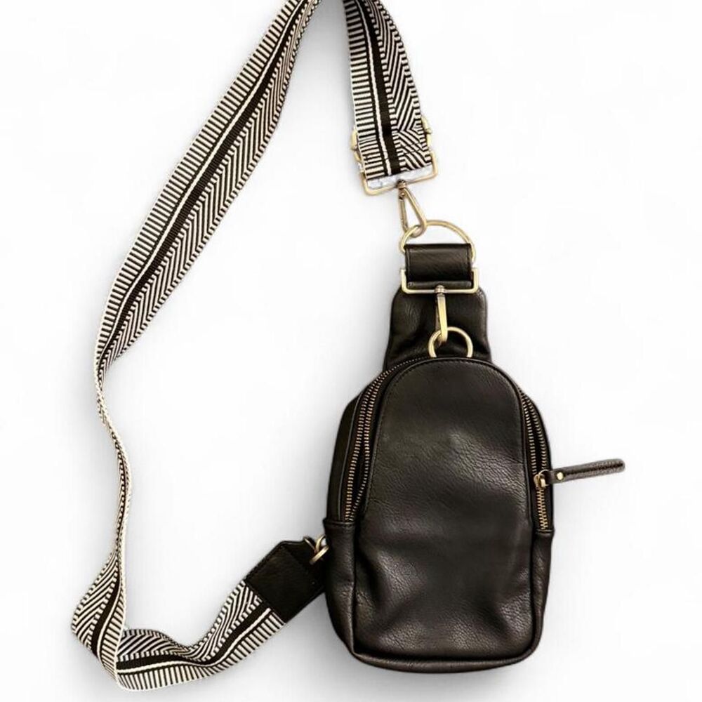 Anthropologie Urban Originals Black Faux Leather Sling Belt Bag Guitar Strap